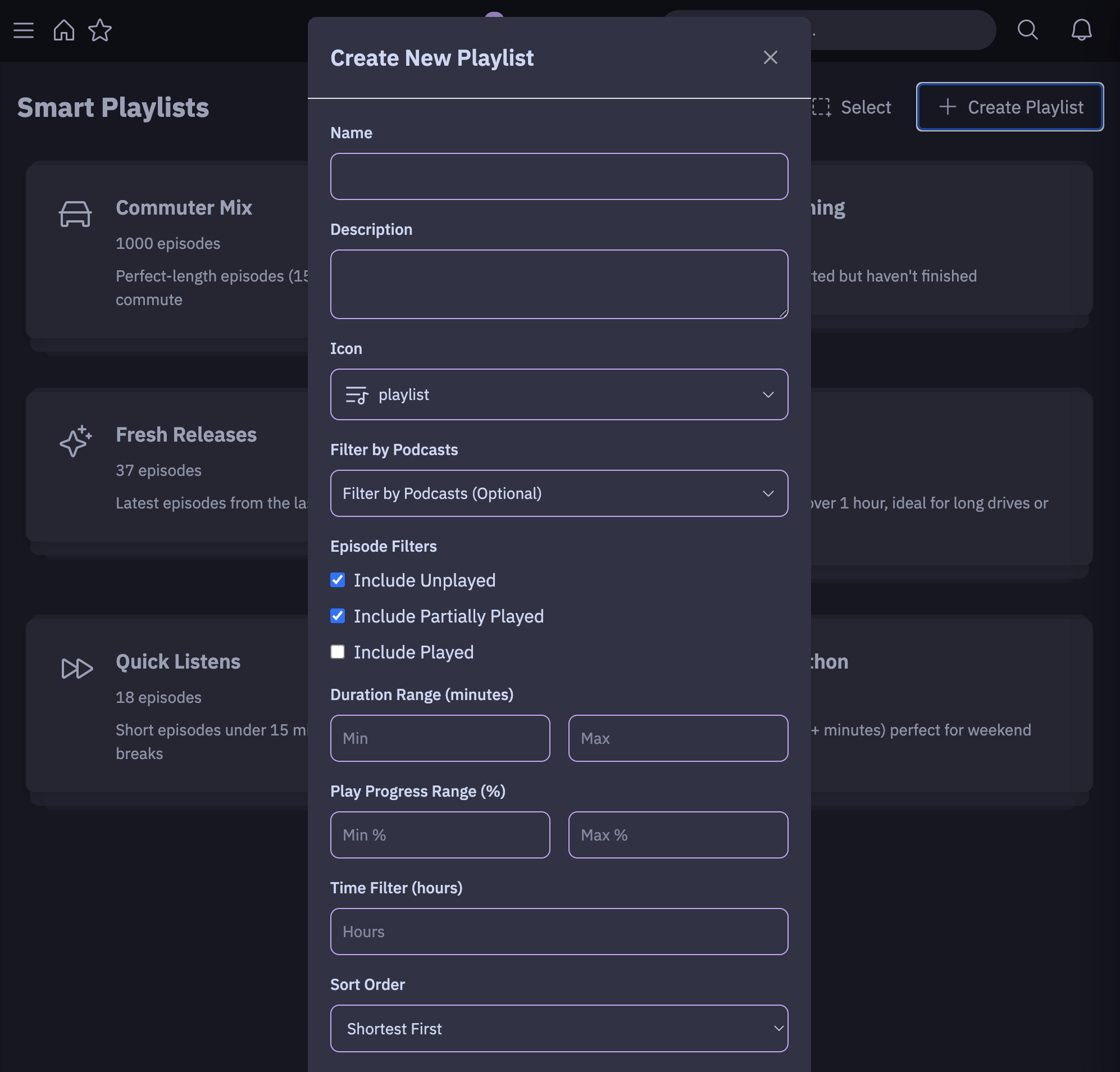 Creating a smart playlist in PinePods
